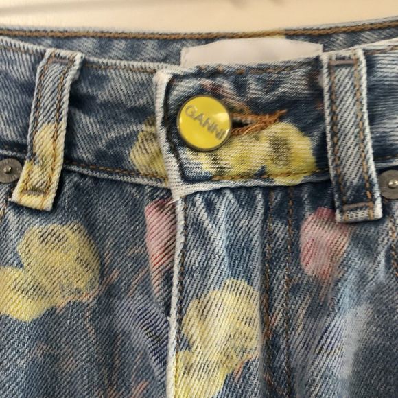 GANNI Floral Print Denim Core Magny Wide Straight Jeans Bleach Light Blue 25 - Picture 9 of 15